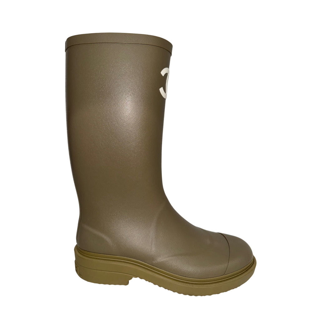 Chanel REV Dark Beige Moss Green White CC Logo High Pull On Rubber Rain Boots 39 - Picture 2 of 15
